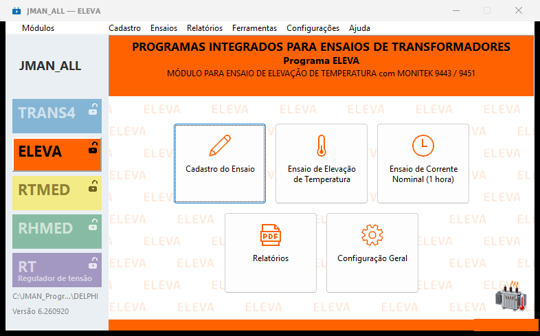 Tela principal do ELEVA com os botões de cadastro, elevação de temperatura, corrente nominal, relatórios e configuração.