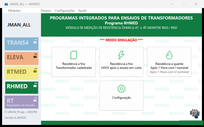 Tela principal do RHMED com as opções de resistência a frio, após o curto e a quente.